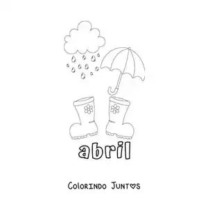 Desenho para colorir de abril com botas de chuva e um guarda-chuva