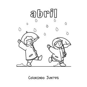 Desenho para colorir de abril com crianças pulando na chuva
