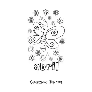 Desenho para colorir de abril com uma borboleta animada com flores