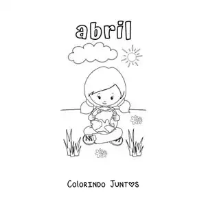 Desenho para colorir de abril com uma menina abraçando a Terra