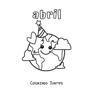 Desenho para colorir de abril com a Terra animada no seu dia com um chapéu de aniversário