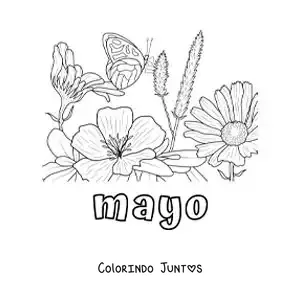 Desenho para colorir de maio com uma borboleta em um jardim de flores