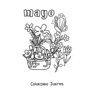 Desenho para colorir de maio com flores de primavera em uma cesta e uma borboleta