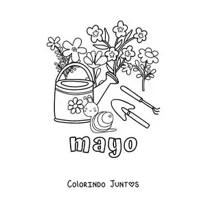 Desenho para colorir de maio com flores ao lado de ferramentas de jardinagem e um caracol animado