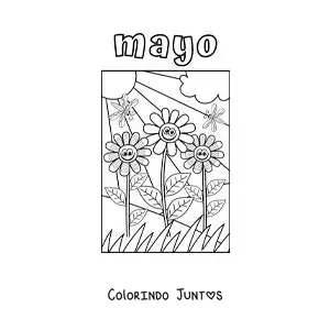 Desenho para colorir de maio com uma paisagem com flores animadas e um sol radiante