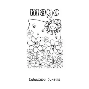 Desenho para colorir de maio com flores animadas sob o sol de primavera