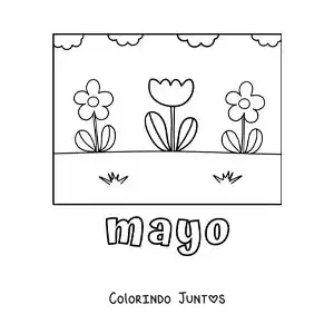 Desenho para colorir de maio com flores simples em um jardim