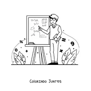 Desenho para colorir de um professor apontando para uma lousa com formulas matematicas