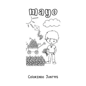 Desenho para colorir de maio com um menino colhendo flores em um dia ensolarado