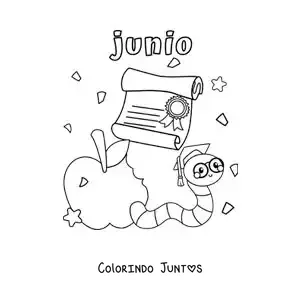 Desenho para colorir de junho com uma minhoca animada com beca e diploma de formatura