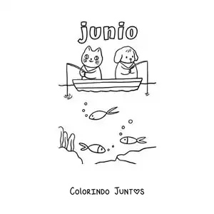 Desenho para colorir de junho com um gato e um cachorro animados pescando em um barco