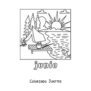 Desenho para colorir de junho com um acampamento à beira do lago