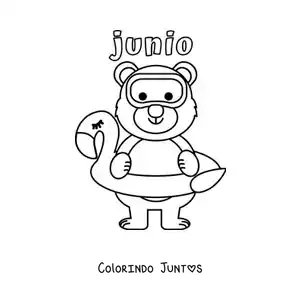 Desenho para colorir de junho com um urso animado com uma boia e óculos de mergulho
