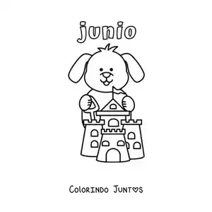 Desenho para colorir de junho com um cachorro animado fazendo um castelo de areia