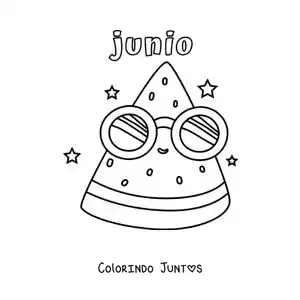 Desenho para colorir de junho com uma melancia animada de óculos de sol no verão