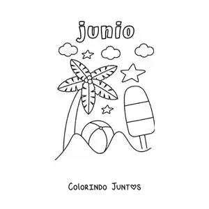 Desenho para colorir de junho com um dia de verão em uma praia com uma palmeira e uma bola