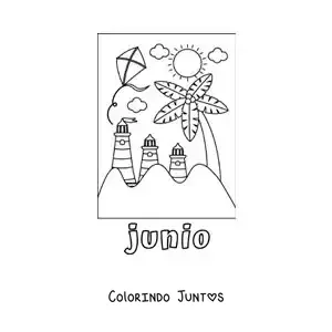 Desenho para colorir de junho com um dia de verão em uma praia com faróis e uma pipa