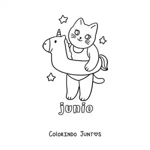 Desenho para colorir de junho com um gato animado com uma boia