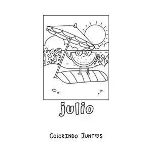 Desenho para colorir de julho com uma melancia animada na praia
