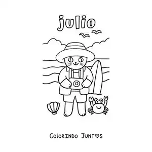 Desenho para colorir de julho com um gato turista animado na praia