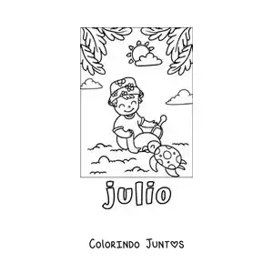 Desenho para colorir de julho com um menino de férias brincando com a areia na praia