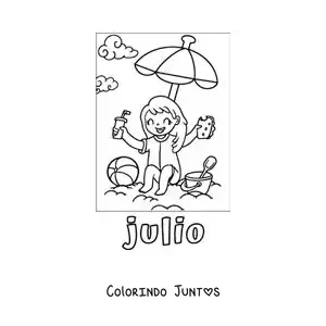 Desenho para colorir de julho com uma menina de férias comendo na praia
