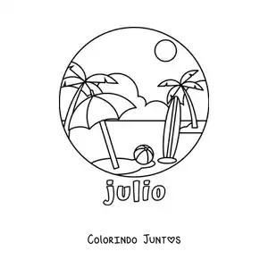 Desenho para colorir de julho com uma paisagem de praia