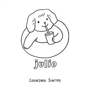 Desenho para colorir de julho com um cachorro animado na piscina tomando uma bebida