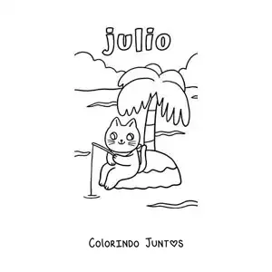 Desenho para colorir de julho com um gato animado pescando em uma ilha