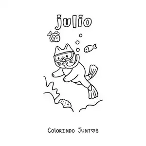 Desenho para colorir de julho com um gato animado mergulhando