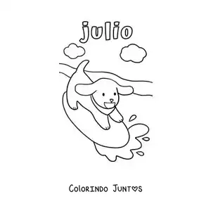 Desenho para colorir de julho com um cachorro animado surfando