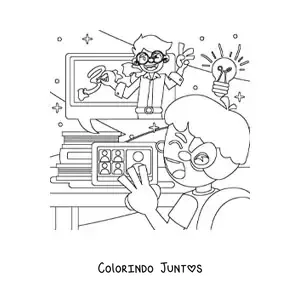 Desenho para colorir de um aluno vendo no notebook o professor dando aula