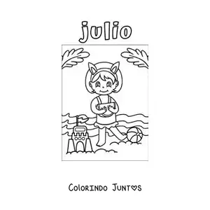 Desenho para colorir de julho com uma menina na praia fazendo um castelo de areia