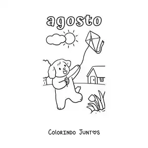 Desenho para colorir de agosto com um cachorro animado empinando uma pipa
