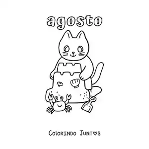 Desenho para colorir de agosto com um gato animado fazendo um castelo de areia