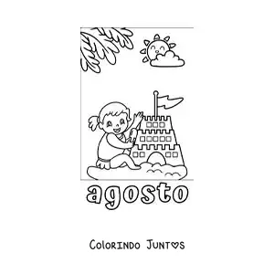 Desenho para colorir de agosto com uma menina de férias fazendo um castelo de areia