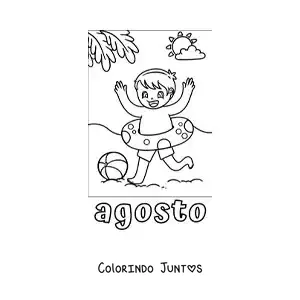 Desenho para colorir de agosto com um menino brincando na praia