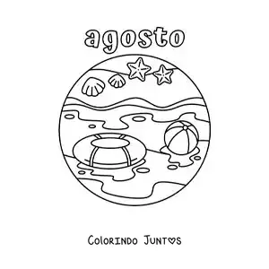 Desenho para colorir de agosto com uma paisagem de praia no verão