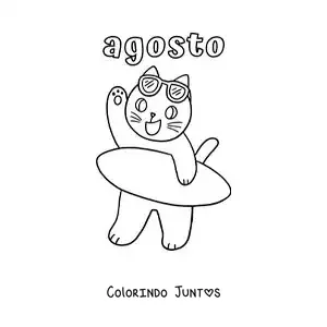 Desenho para colorir de agosto com um gato animado com uma prancha de surfe