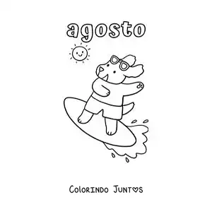 Desenho para colorir de agosto com um cachorro animado surfando