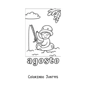 Desenho para colorir de agosto com um menino de férias pescando na praia
