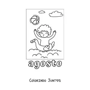 Desenho para colorir de agosto com um menino de férias brincando na piscina