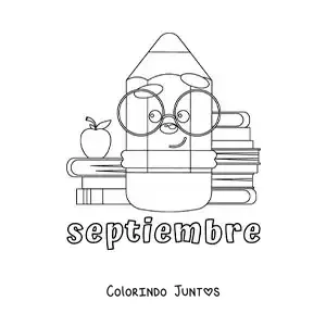 Desenho para colorir de setembro com um lápis animado com material escolar