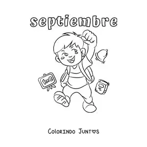Desenho para colorir de setembro com uma criança de volta às aulas