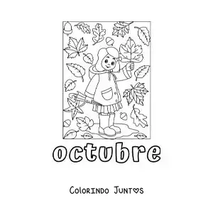 Desenho para colorir de outubro com uma menina com folhas de outono