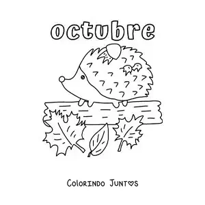 Desenho para colorir de outubro com um porco-espinho com folhas de outono