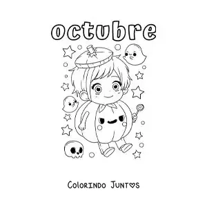 Desenho para colorir de outubro com uma criança fantasiada de abóbora kawaii de Halloween