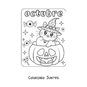 Desenho para colorir de outubro com um gato kawaii dentro de uma abóbora de Halloween