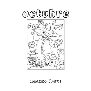 Desenho para colorir de outubro com um espantalho animado de outono