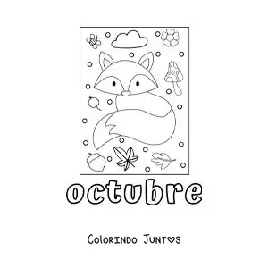 Desenho para colorir de outubro com uma raposa com folhas de outono